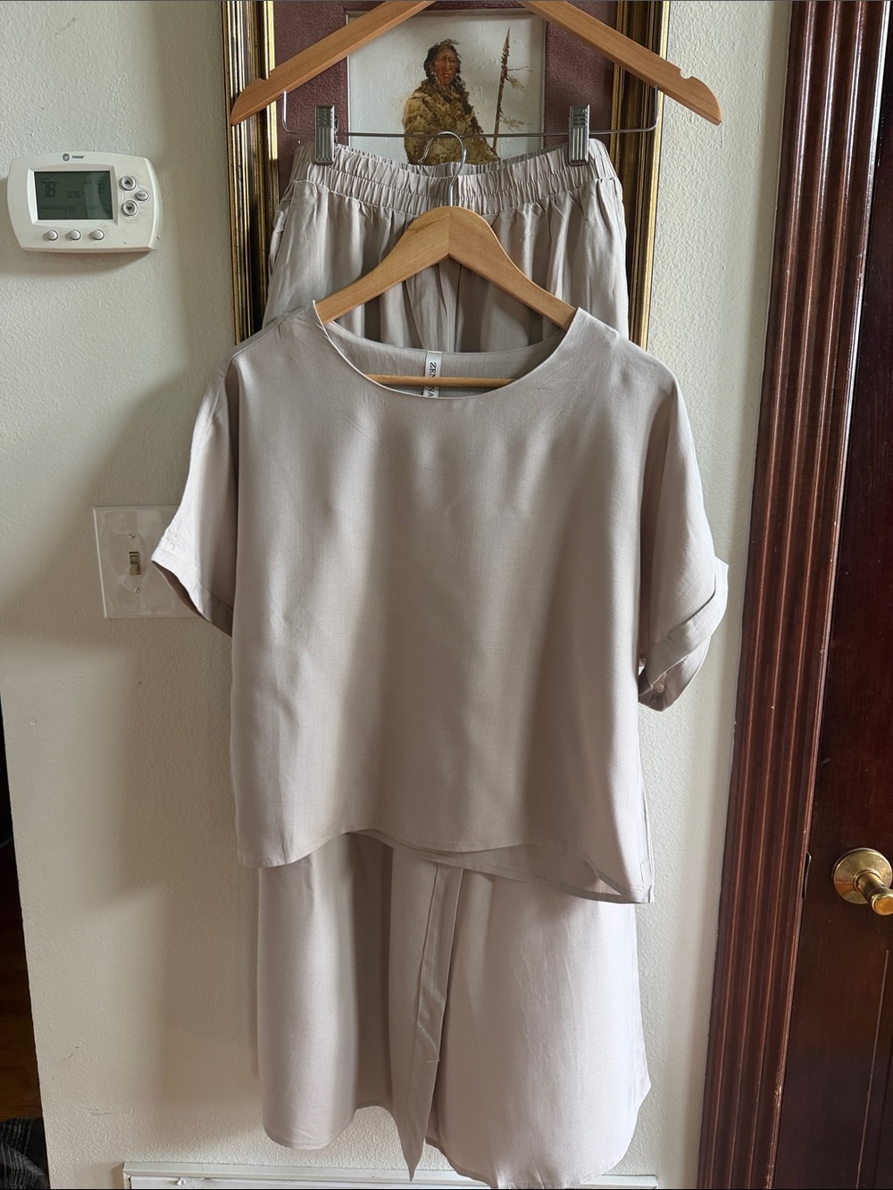 Zenana Outfitters Relaxed Two-Piece Rayon Wide Leg Set in Light Taupe